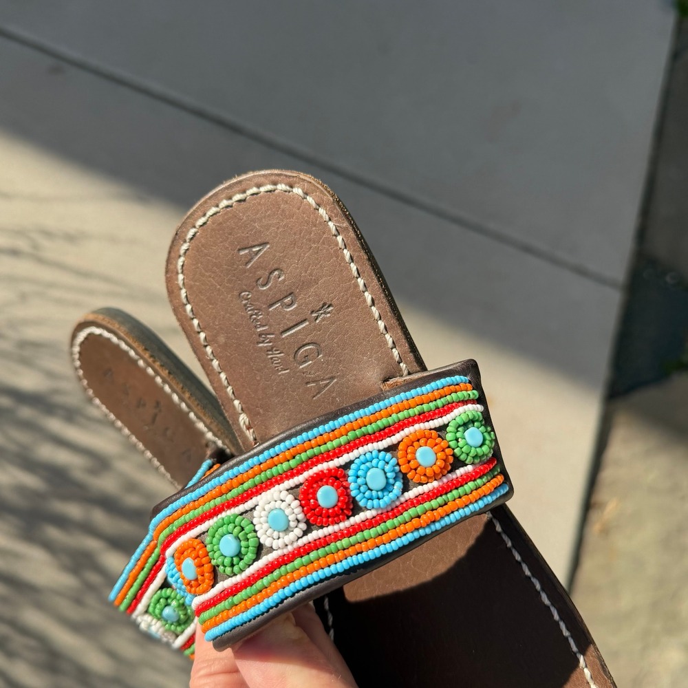 Aspiga Brown Leather Hand Crafted Beaded Toe Loop Sandals Boho Hippie Slides 39 - Picture 8 of 8